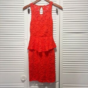 Lush Red/Orange Peplum Bodycon Sleeveless Lace Dress Size S